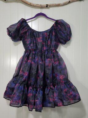 Cosmic Aura Galaxy Celestial Space Stars Pockets Organza Babydoll Mini Dress S